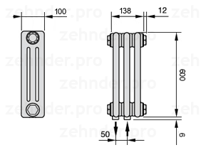 Схема (чертеж) Радиатор Zehnder Charleston 3060/3 №5410 Белый глянцевый RAL 9016